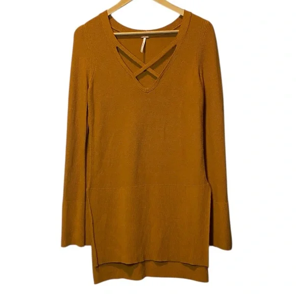 Free People Criss Cross Tunic Sweater Women’s Medium Ginger Root Linen Blend Top - Picture 3 of 15